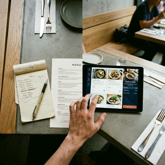 Tablet digital junto a libreta tradicional en mesa de restaurante