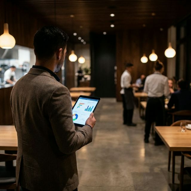 Administrador usa tablet con analytics en restaurante moderno