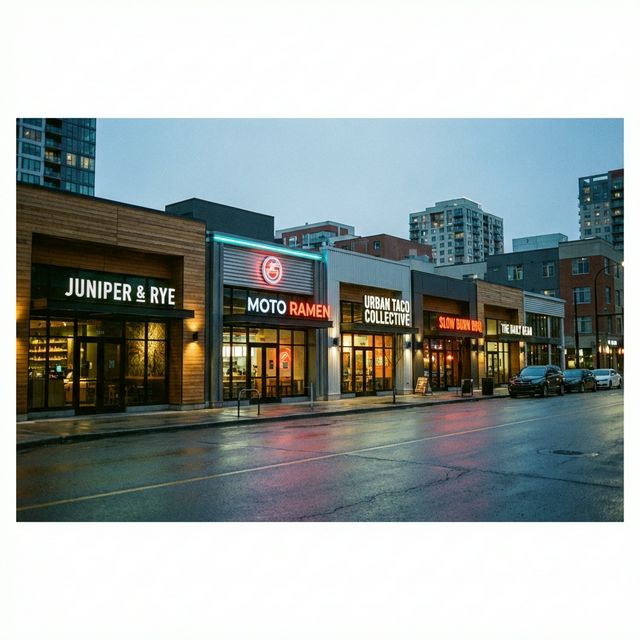 Múltiples locales de restaurantes en una calle urbana