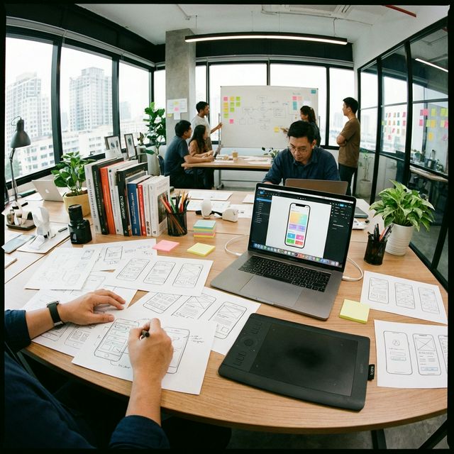 Equipo de diseño trabajando en wireframes y mockups de producto