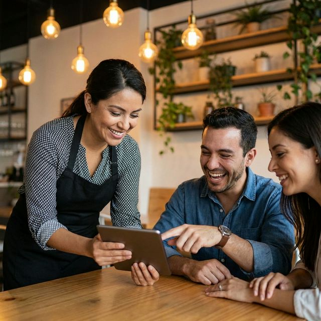 Mesera tomando pedido con tablet en restaurante moderno